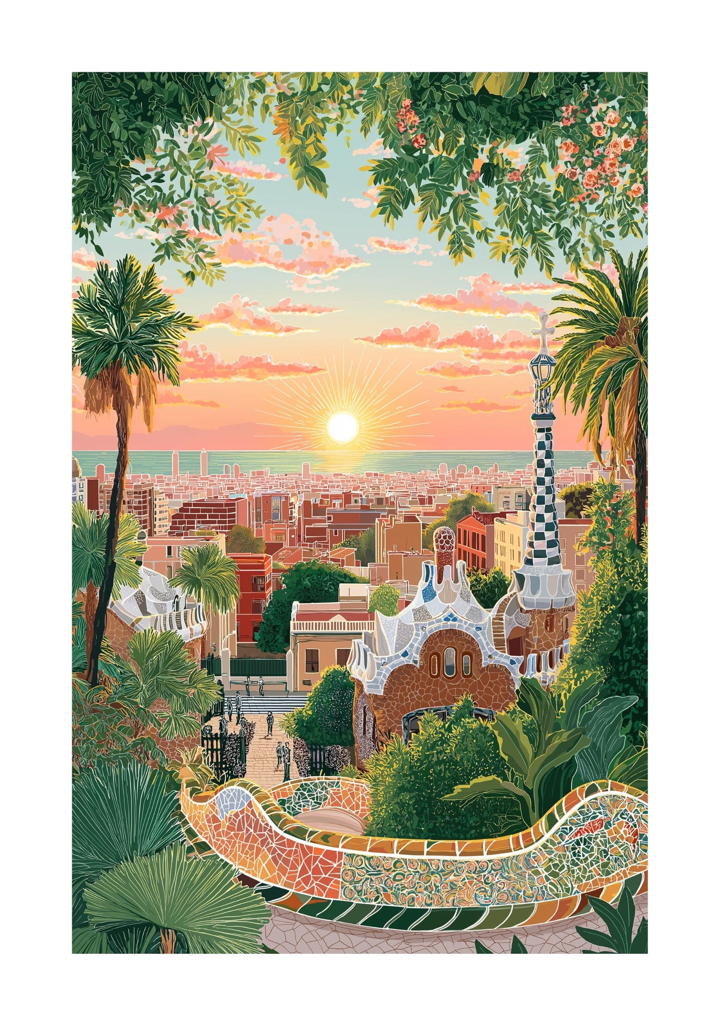 Barcelona Park Güell Poster — Colorful Gaudí Mosaic City Art Print