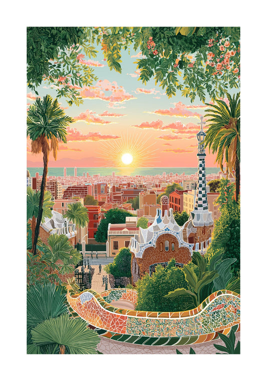 Barcelona Park Güell Poster — Colorful Gaudí Mosaic City Art Print
