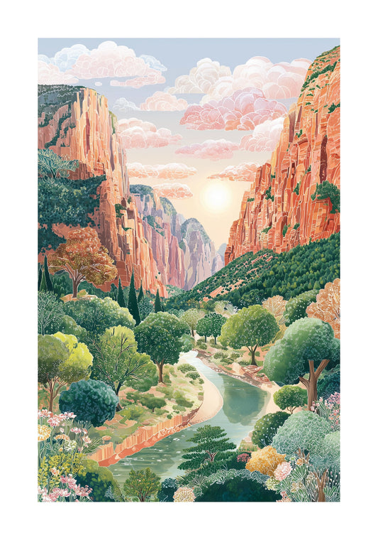 Zion National Park Travel Poster — Red Rock Canyon Desert Mountain Wall Art