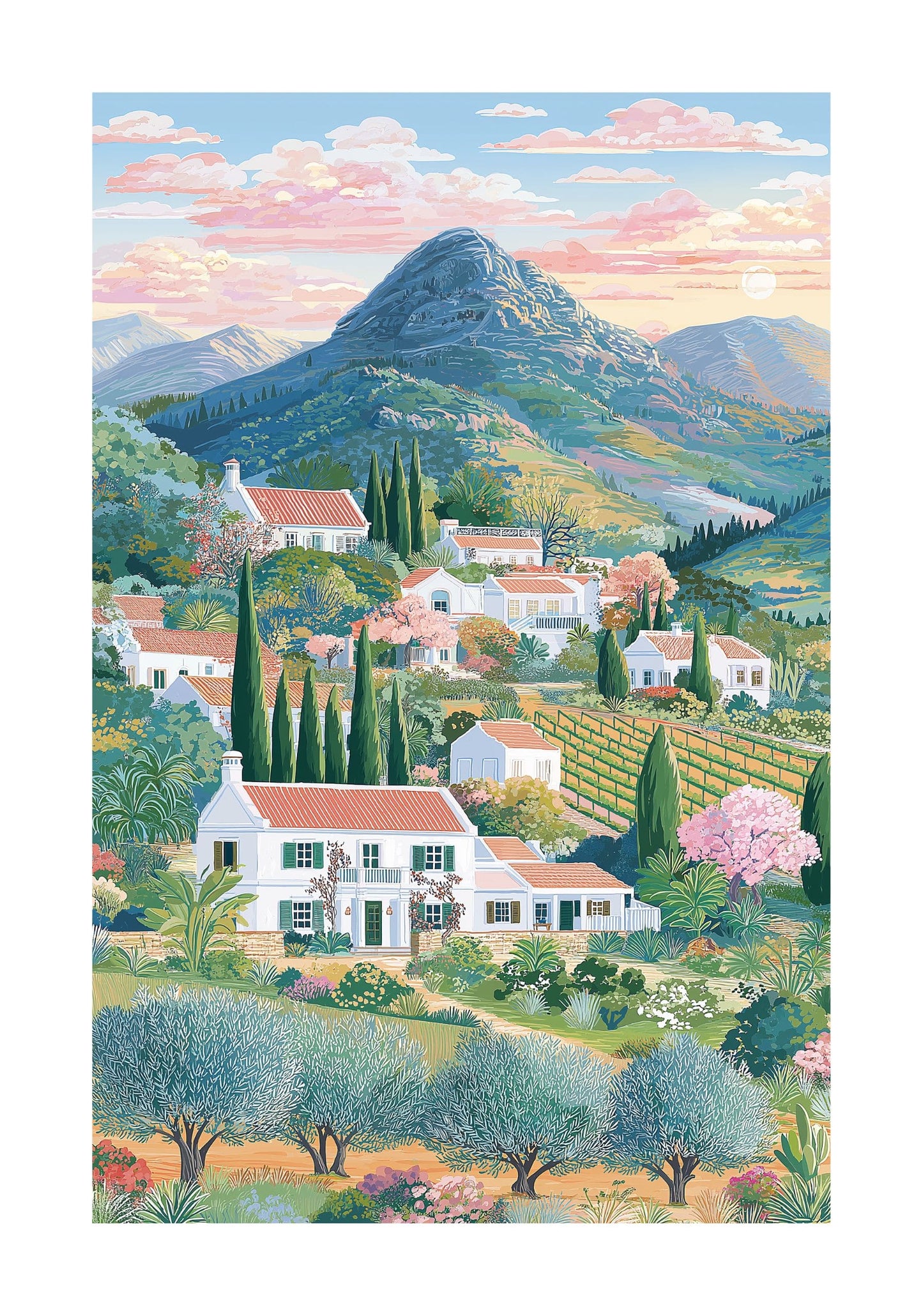 Stellenbosch Wine Country Poster — Cape Winelands Vineyard Landscape Print