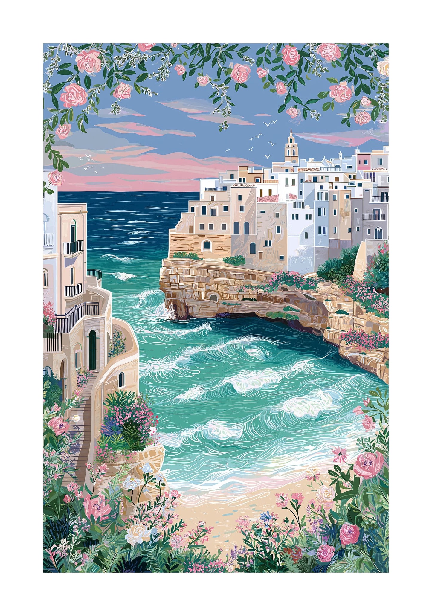 Polignano a Mare Travel Poster — Lama Monachile Beach Print (Puglia, Italy Coastal Wall Art)