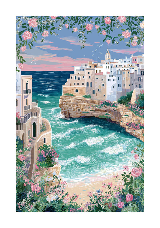 Polignano a Mare Travel Poster — Lama Monachile Beach Print (Puglia, Italy Coastal Wall Art)
