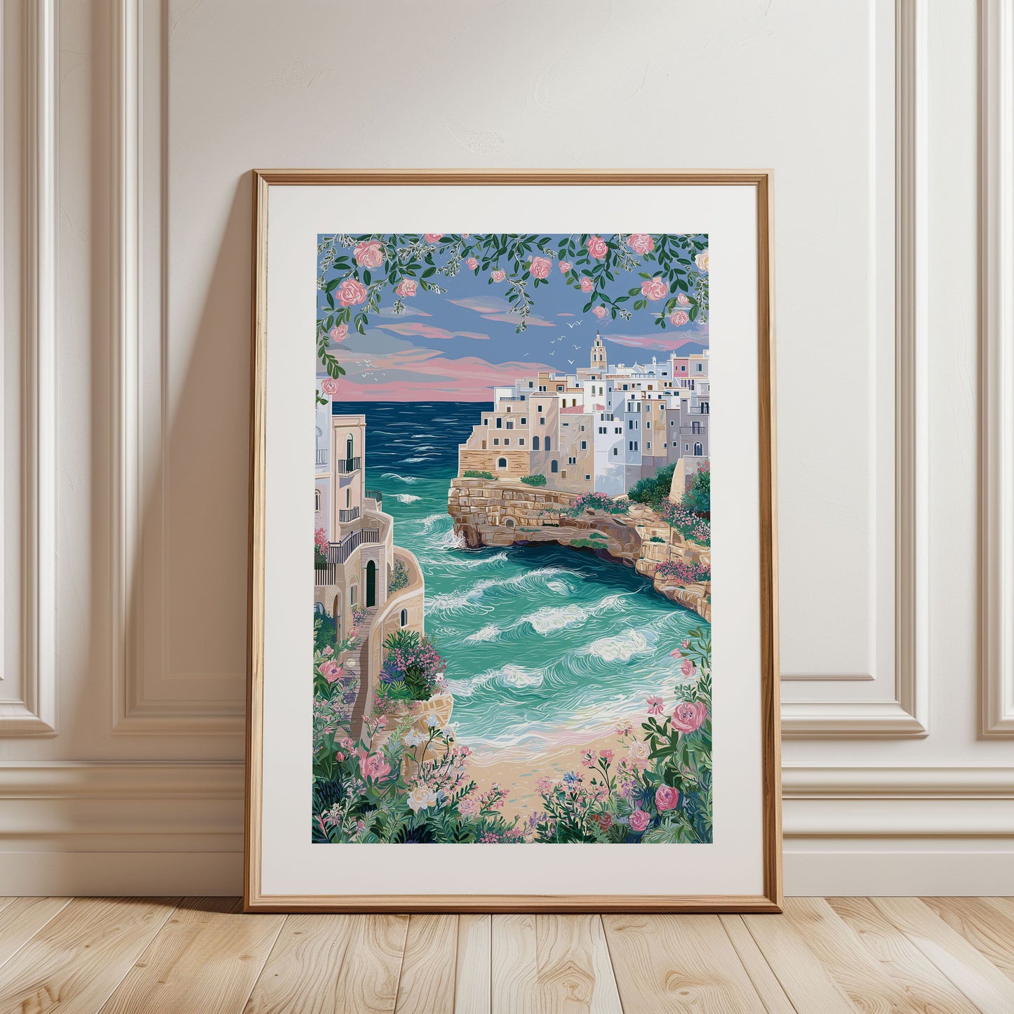Polignano a Mare Travel Poster — Lama Monachile Beach Print (Puglia, Italy Coastal Wall Art)