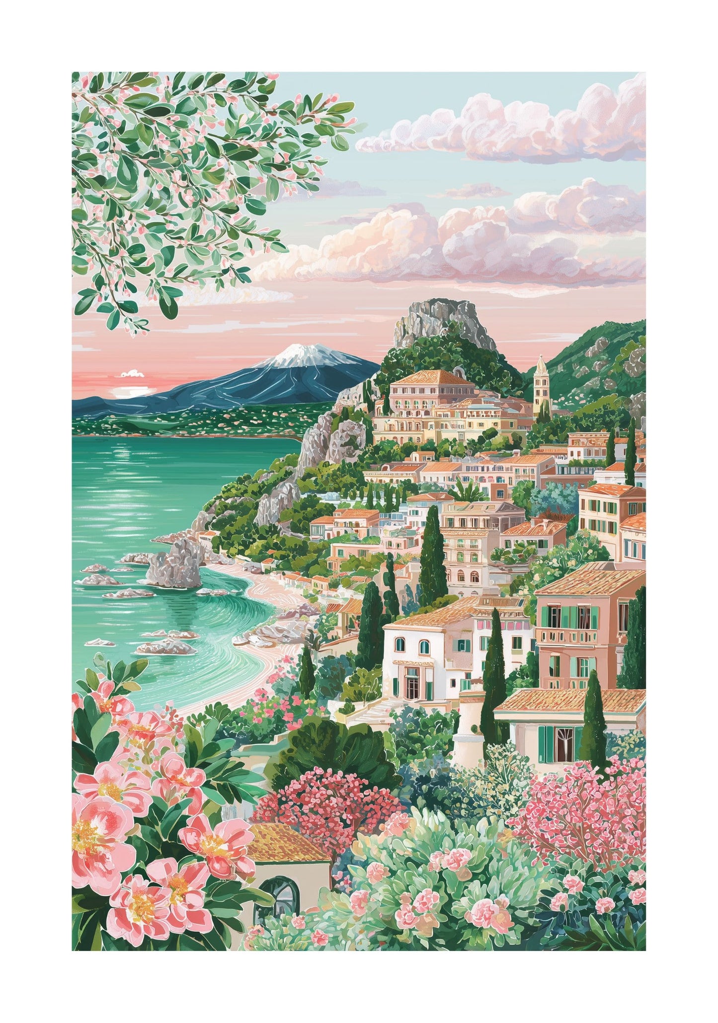 Taormina Sicily Travel Poster — Mount Etna Mediterranean Art Print