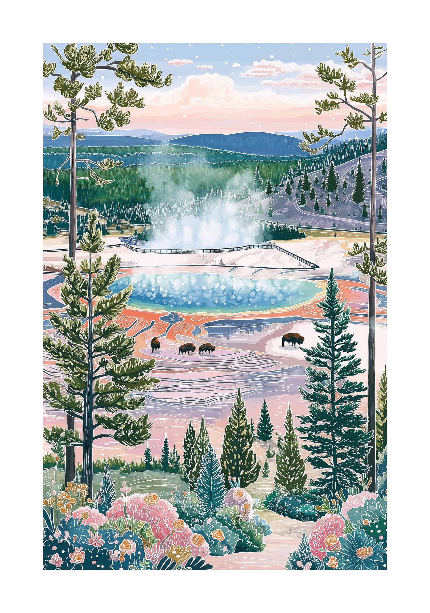 Yellowstone National Park Poster — Grand Prismatic Spring Illustration
