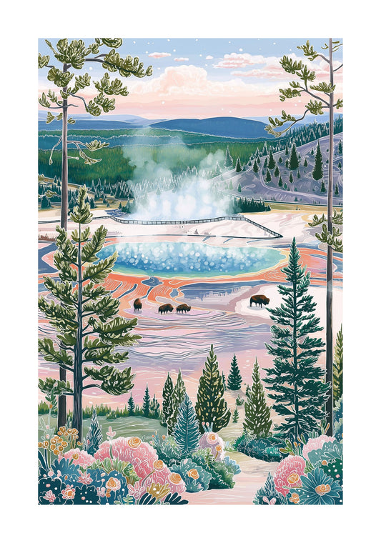 Yellowstone National Park Poster — Grand Prismatic Spring Illustration