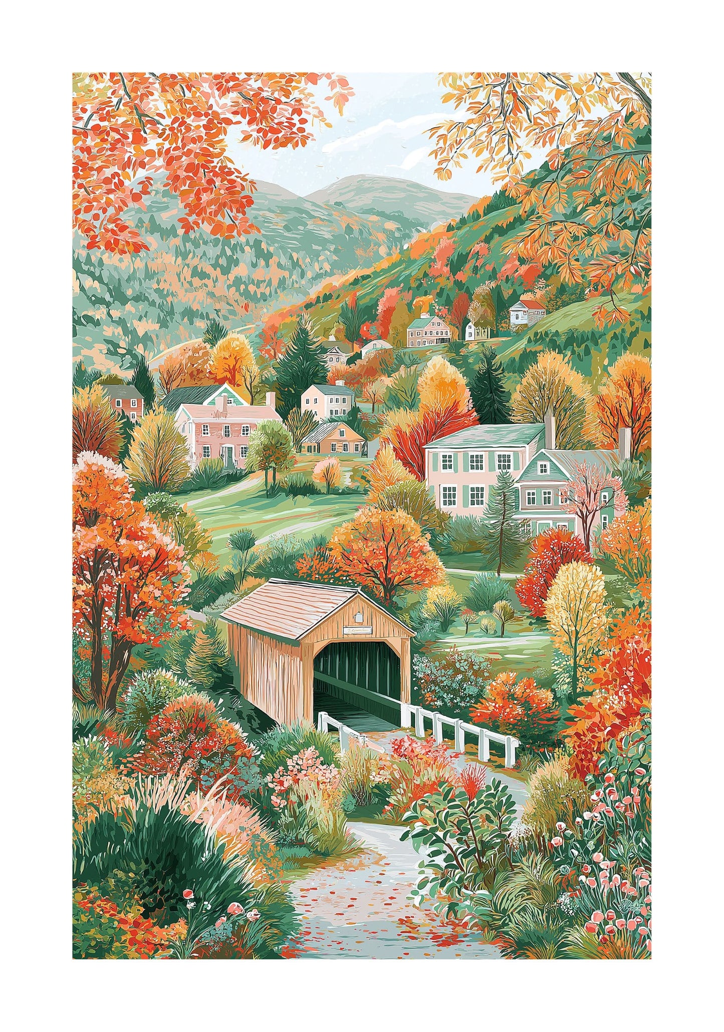 Stowe Vermont Fall Wall Art Rolled Poster — Covered Bridge New England Autumn Landscape Print