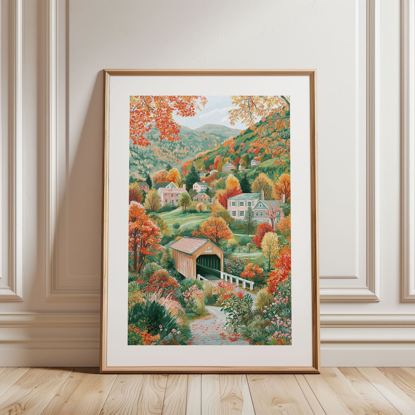 Stowe Vermont Fall Wall Art Rolled Poster — Covered Bridge New England Autumn Landscape Print