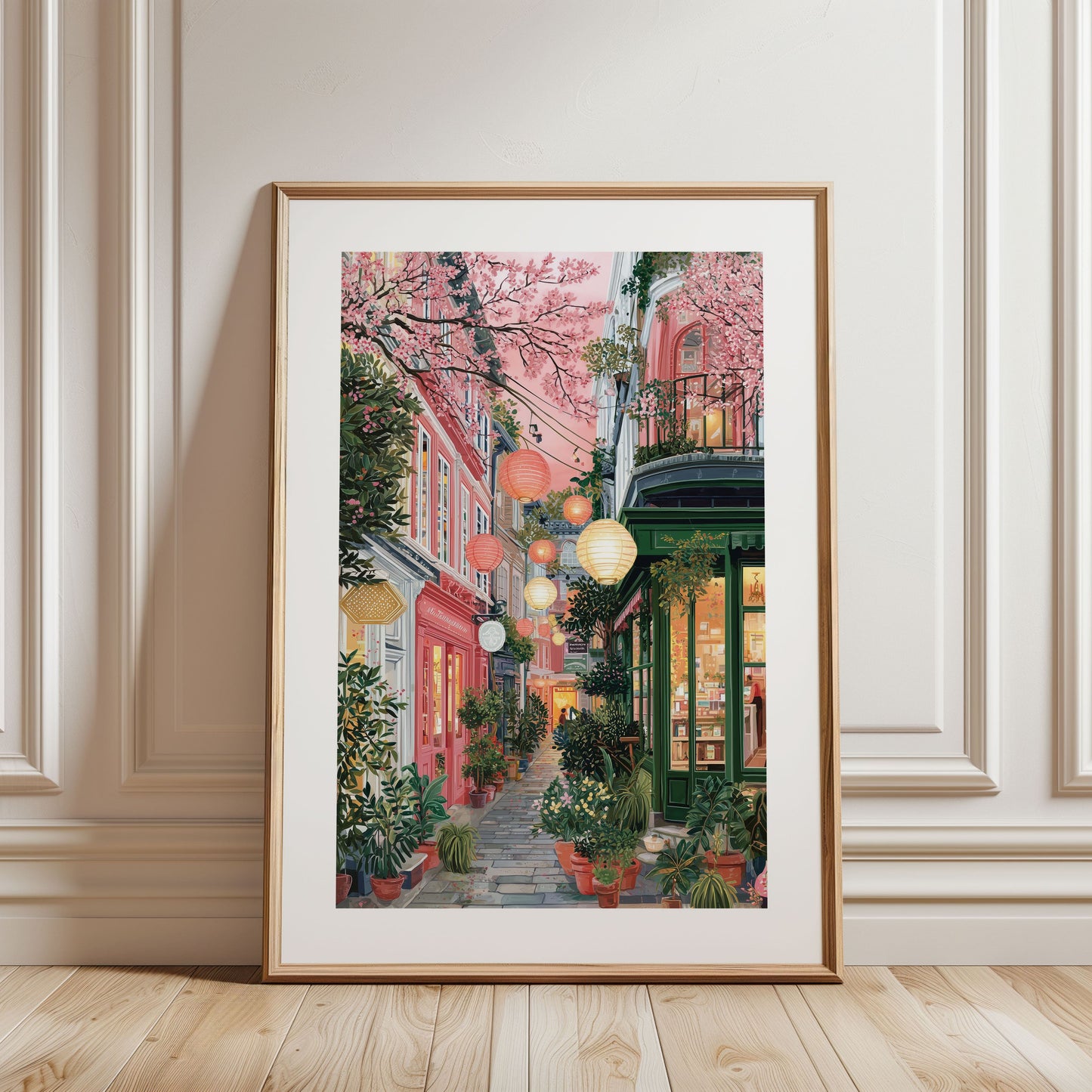 Tokyo Street Art Poster — Japanese Lantern Alley with Cherry Blossoms