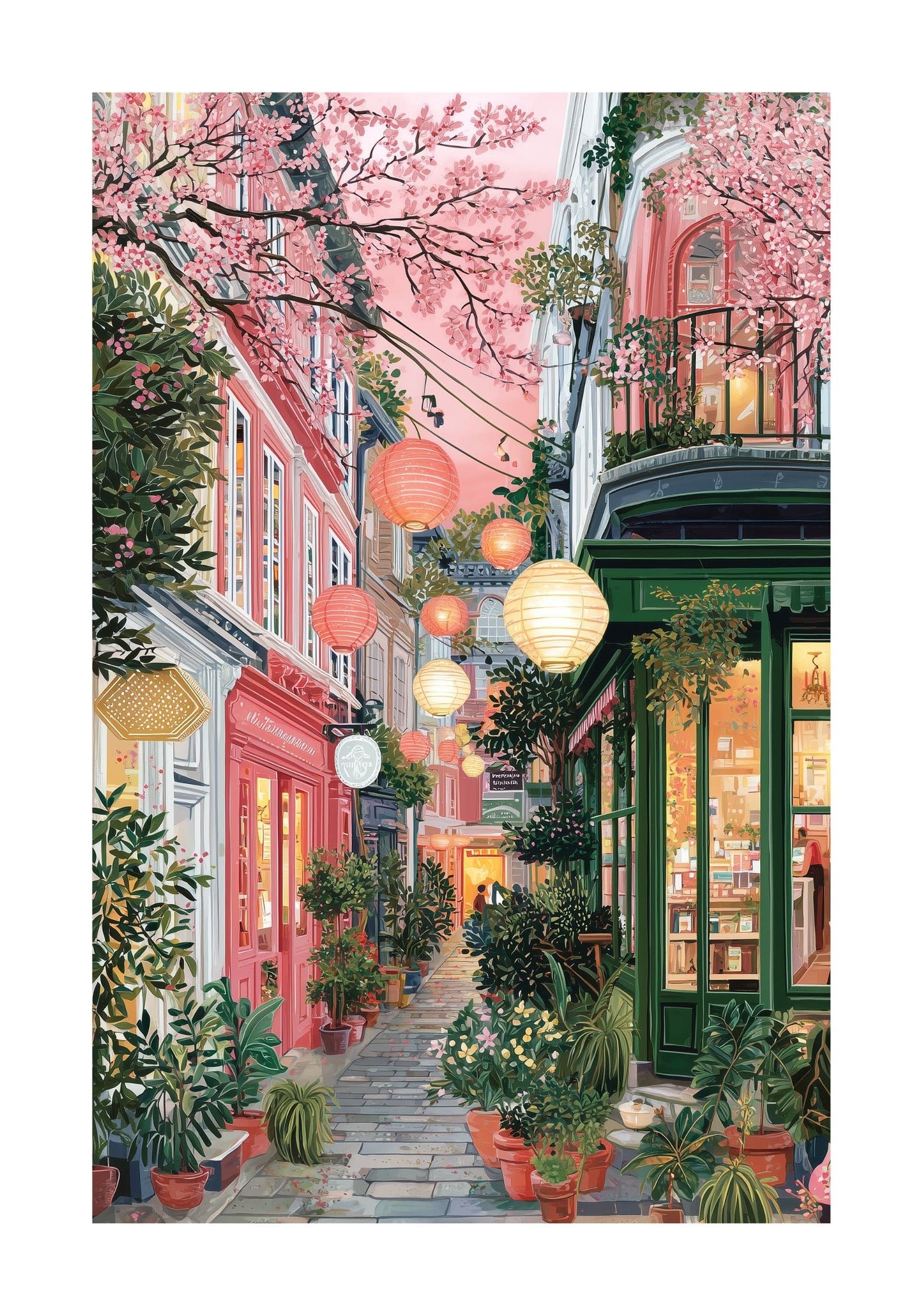 Tokyo Street Art Poster — Japanese Lantern Alley with Cherry Blossoms