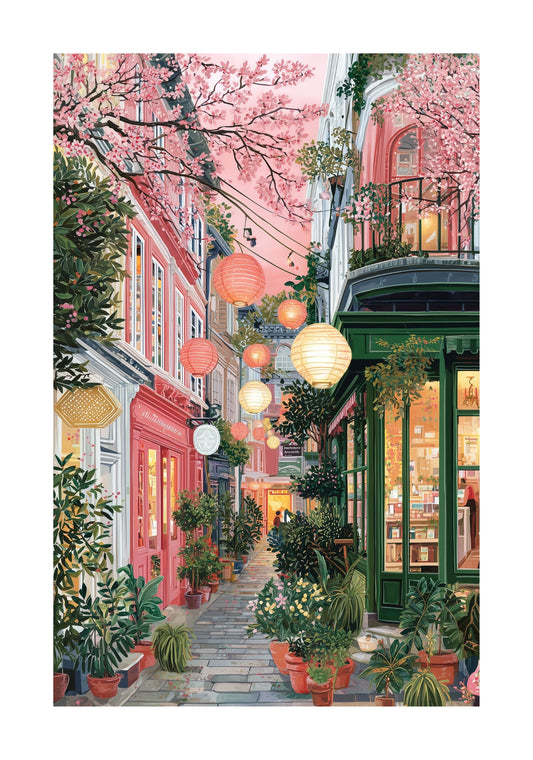 Tokyo Street Art Poster — Japanese Lantern Alley with Cherry Blossoms