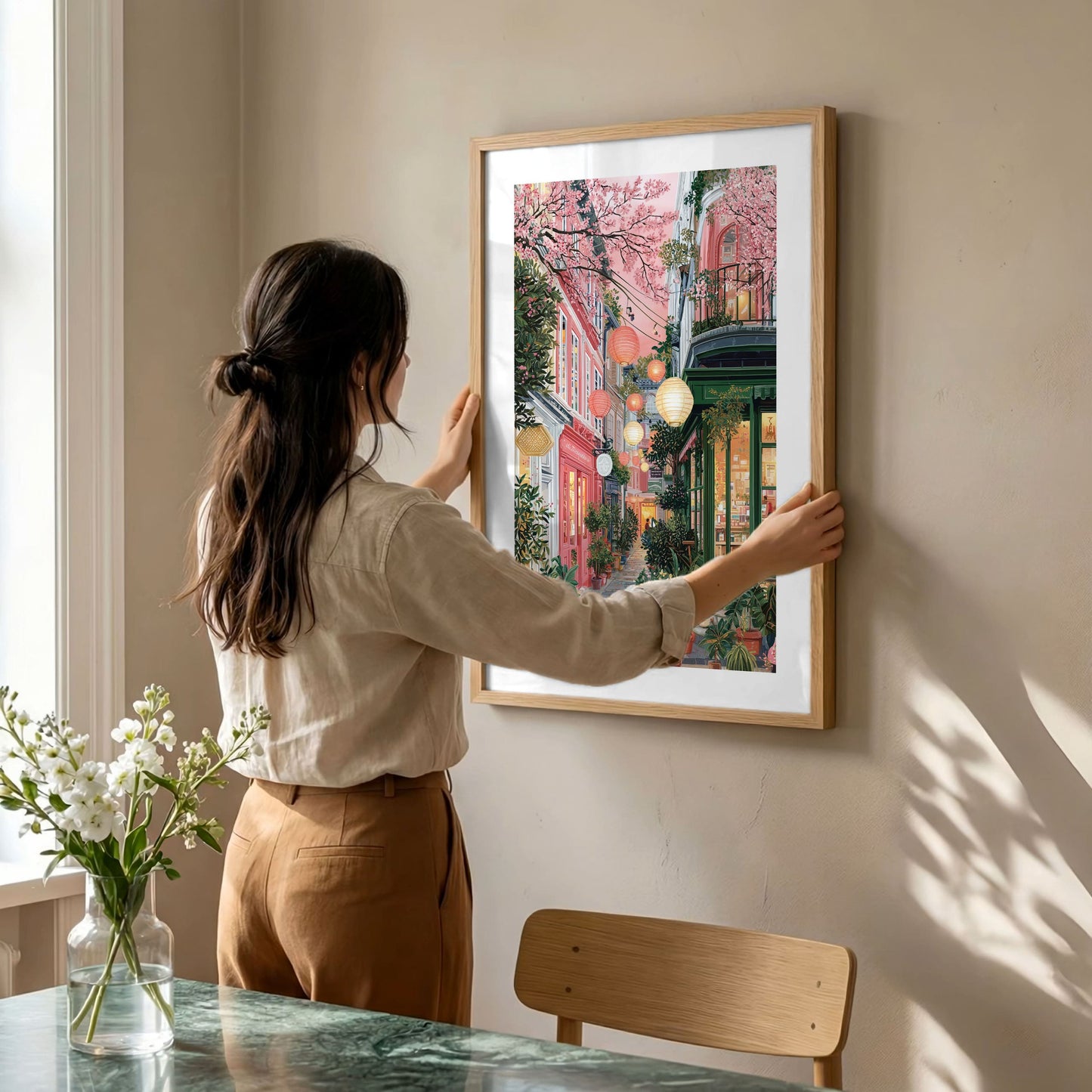 Tokyo Street Art Poster — Japanese Lantern Alley with Cherry Blossoms