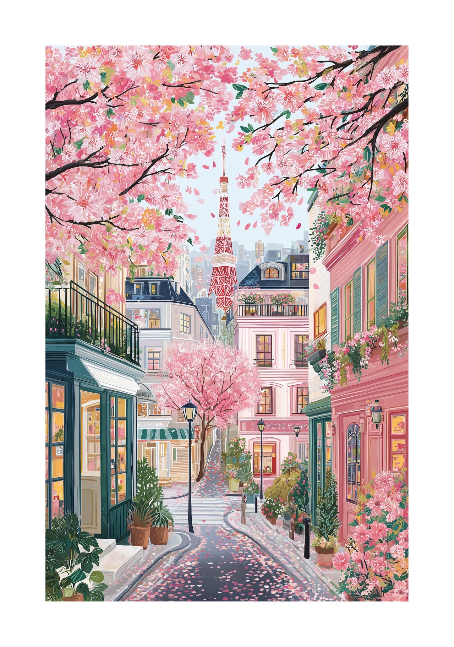 Tokyo Cherry Blossom Travel Poster — Pink Sakura Street Art (Tokyo Tower)