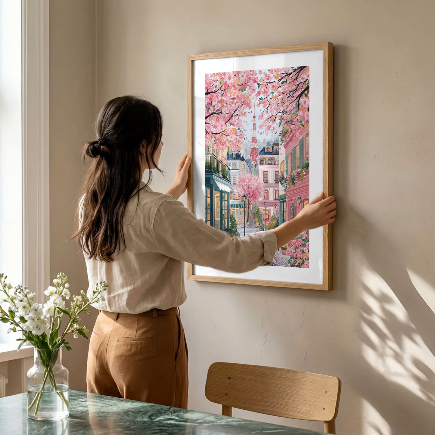 Tokyo Cherry Blossom Travel Poster — Pink Sakura Street Art (Tokyo Tower)