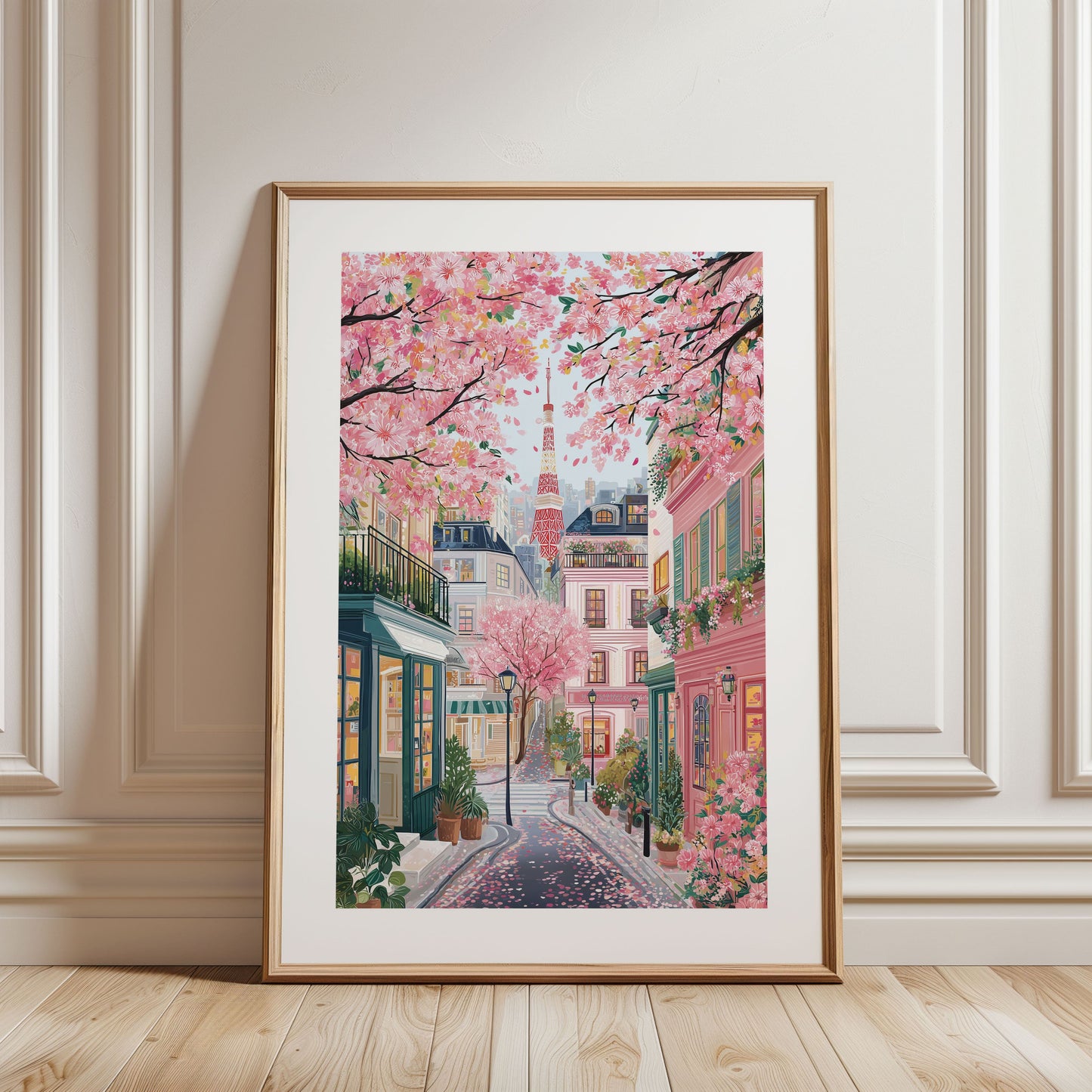 Tokyo Cherry Blossom Travel Poster — Pink Sakura Street Art (Tokyo Tower)