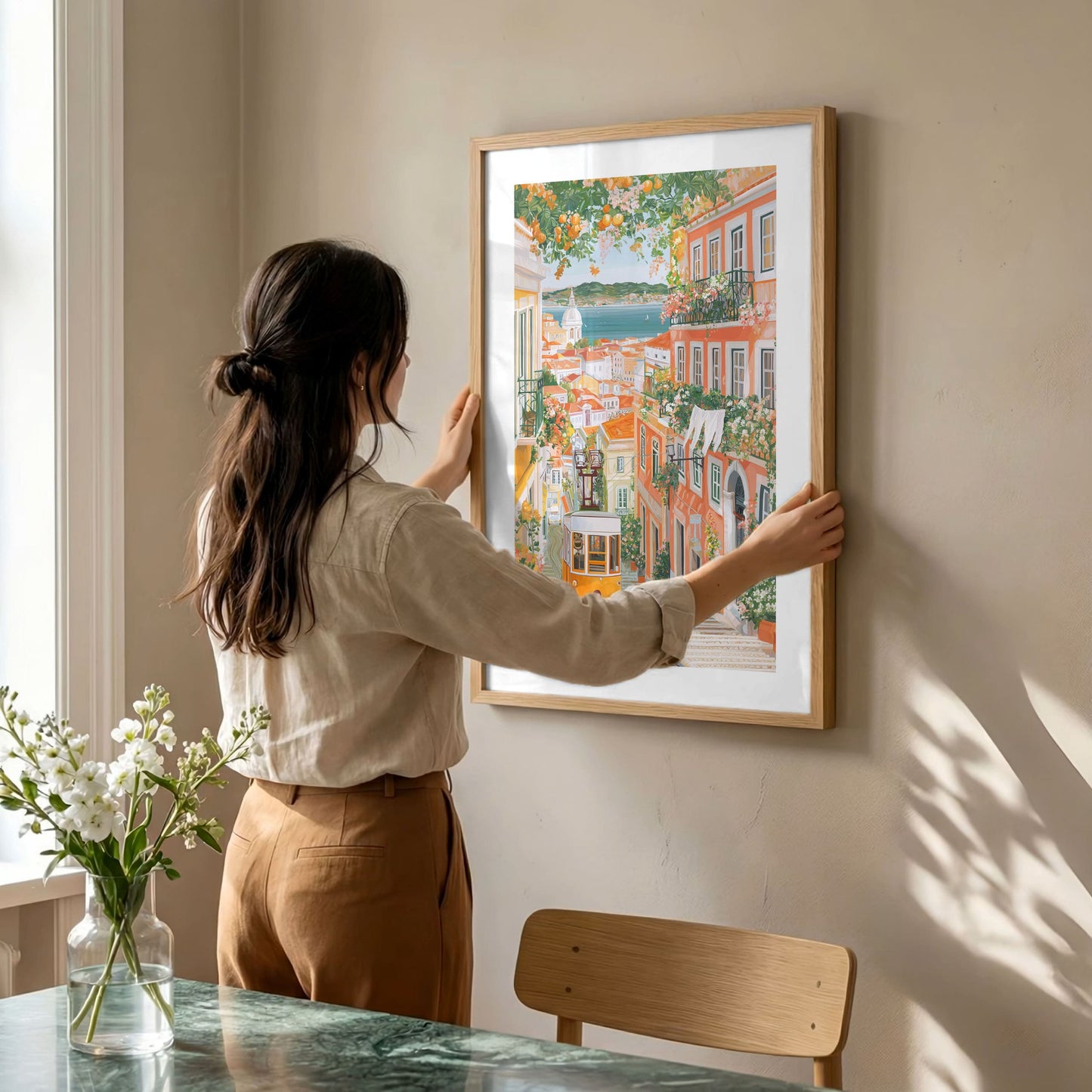 Lisbon Spring Poster — Alfama Tram Gouache Travel Print