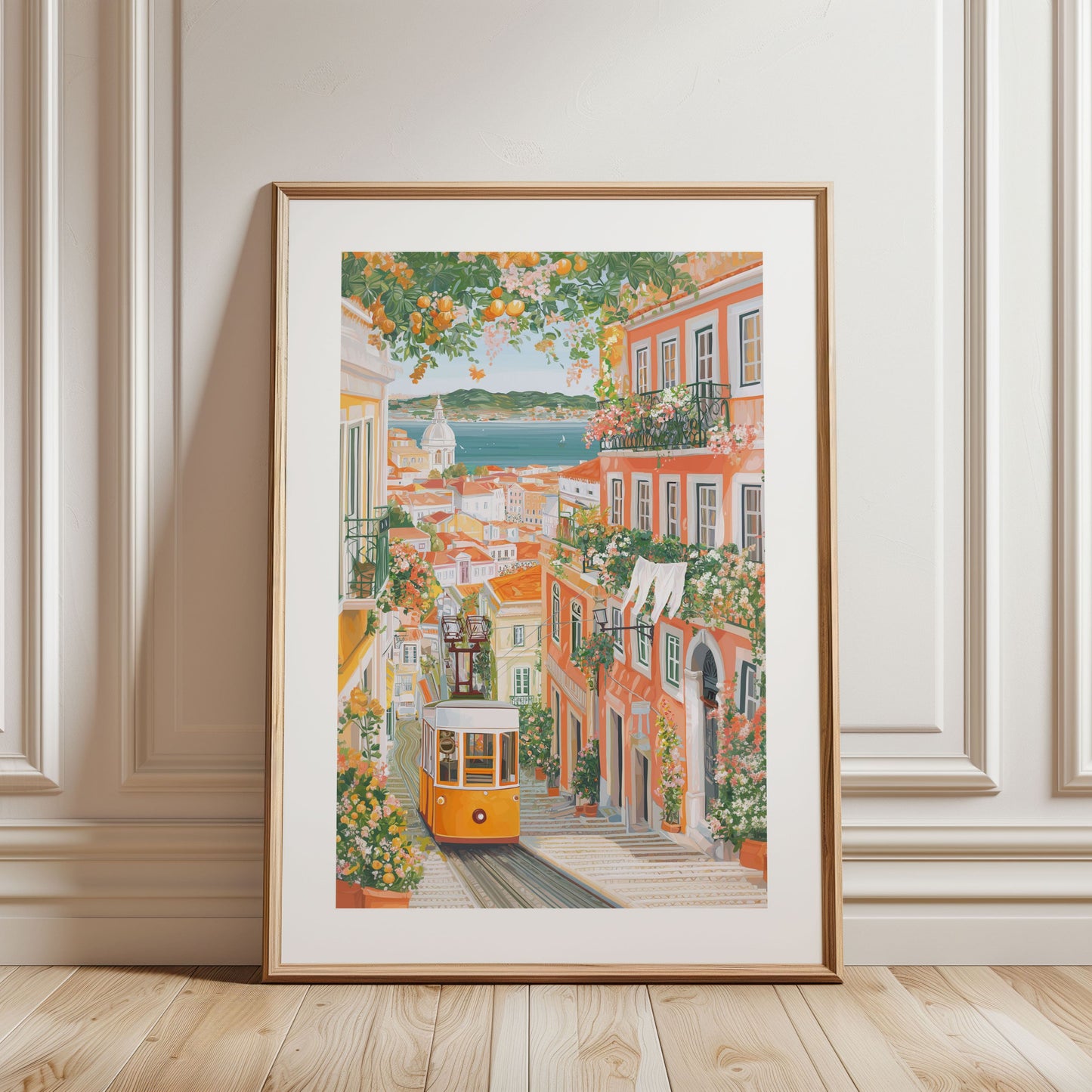 Lisbon Spring Poster — Alfama Tram Gouache Travel Print
