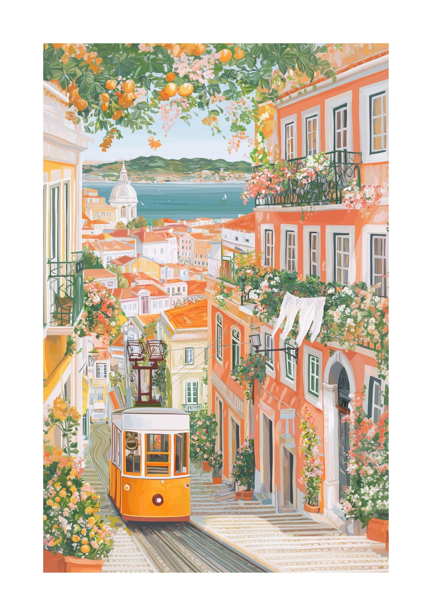 Lisbon Spring Poster — Alfama Tram Gouache Travel Print