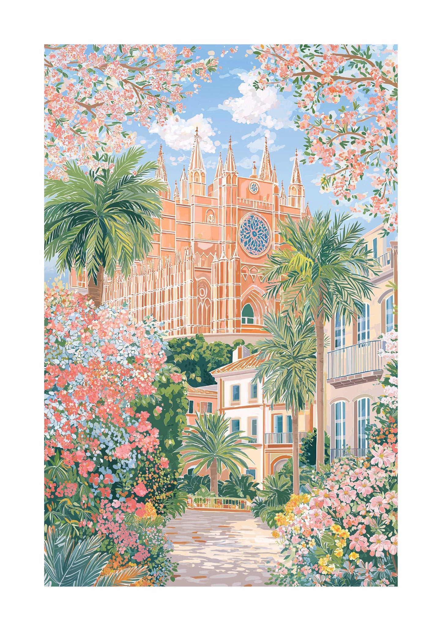 Mallorca Cathedral (La Seu) Travel Poster — Palma de Mallorca Pink Coastal Wall Art