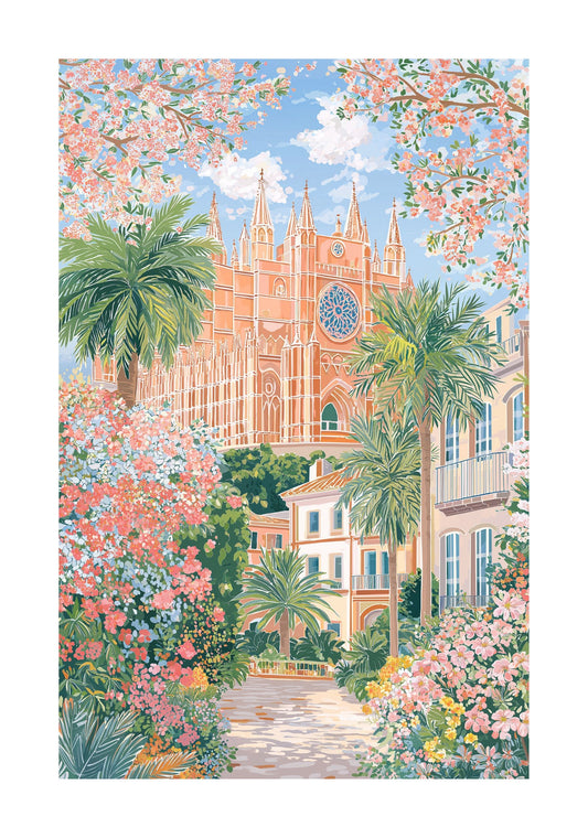 Mallorca Cathedral (La Seu) Travel Poster — Palma de Mallorca Pink Coastal Wall Art