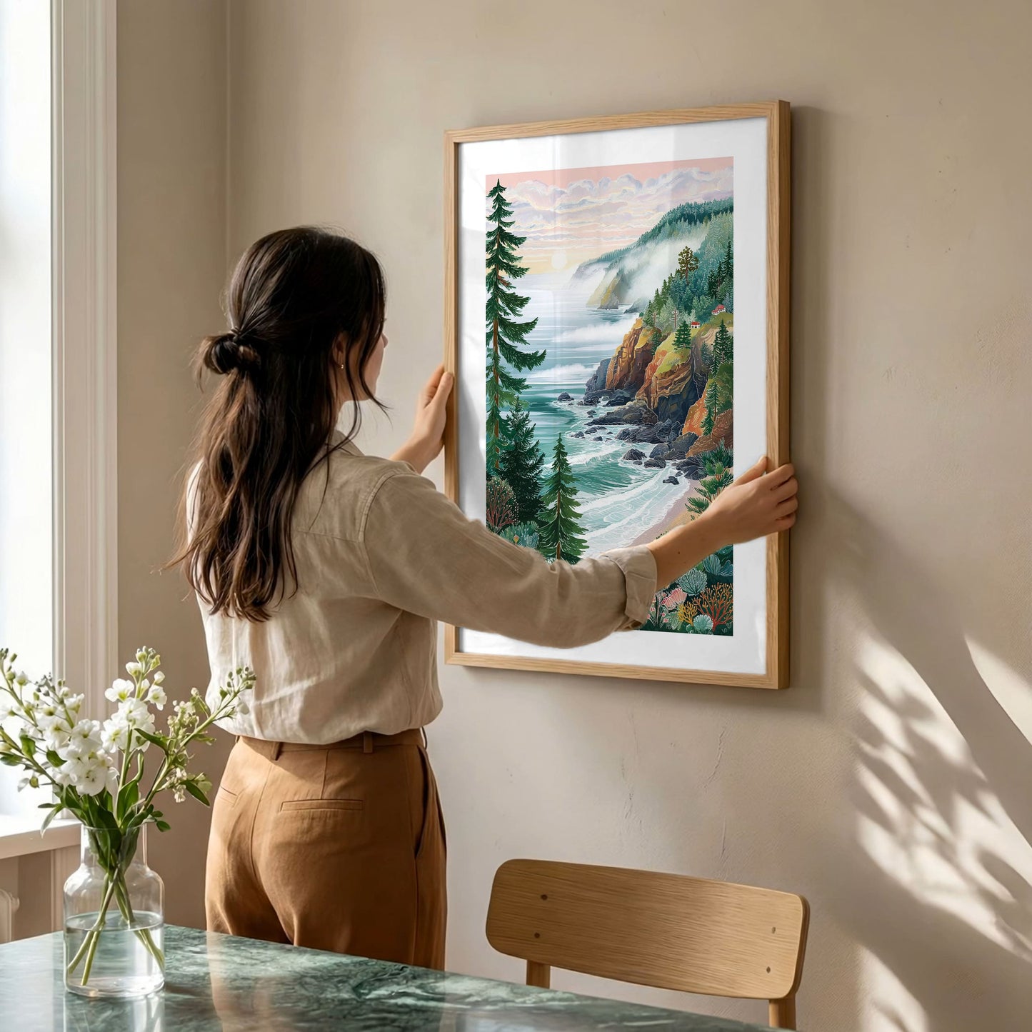 PNW Coastal Landscape Poster — Oregon & Washington Moody Ocean Cliff Wall Art