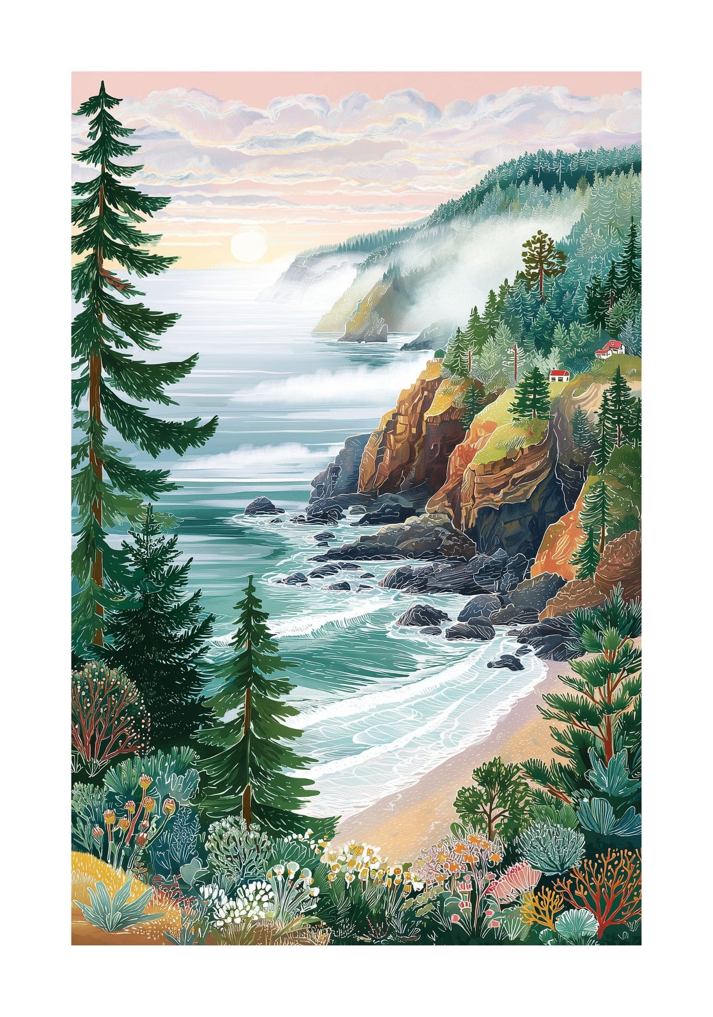 PNW Coastal Landscape Poster — Oregon & Washington Moody Ocean Cliff Wall Art