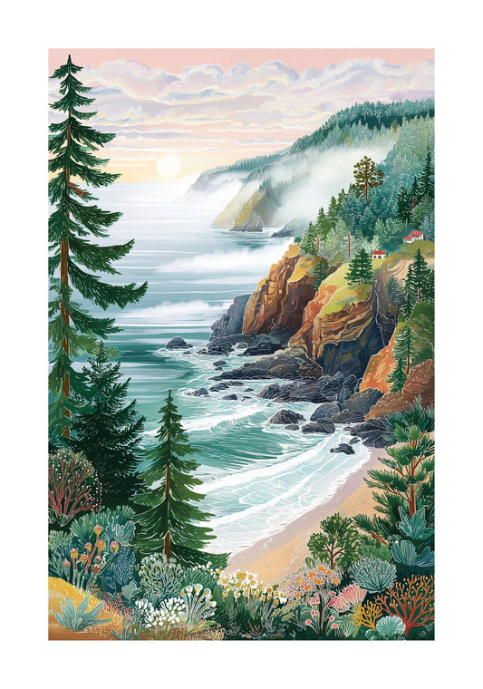 PNW Coastal Landscape Poster — Oregon & Washington Moody Ocean Cliff Wall Art