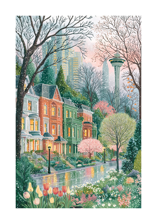 Seattle Spring Wall Art Print — Space Needle Poster, Cozy Pacific Northwest Cityscape