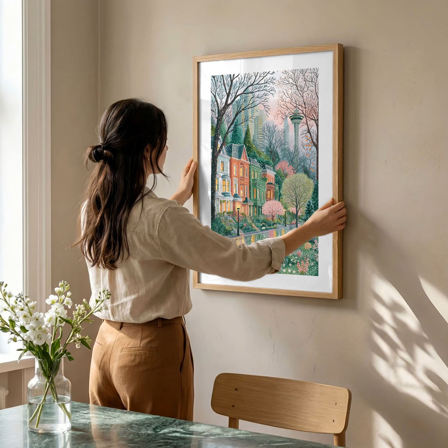 Seattle Spring Wall Art Print — Space Needle Poster, Cozy Pacific Northwest Cityscape