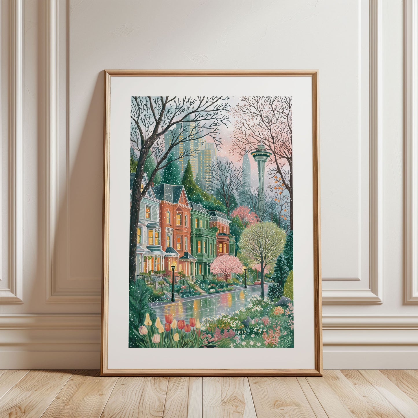 Seattle Spring Wall Art Print — Space Needle Poster, Cozy Pacific Northwest Cityscape