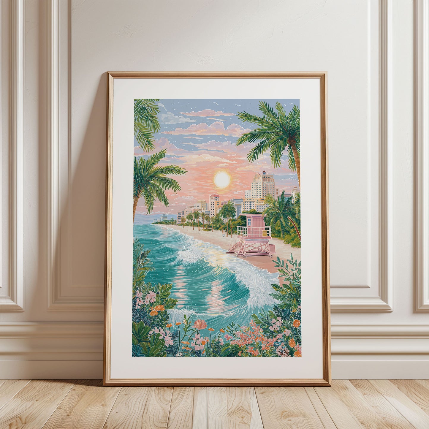 Miami Beach Poster — Tropical Palm Tree Coastal Art Print (South Beach Sunset)