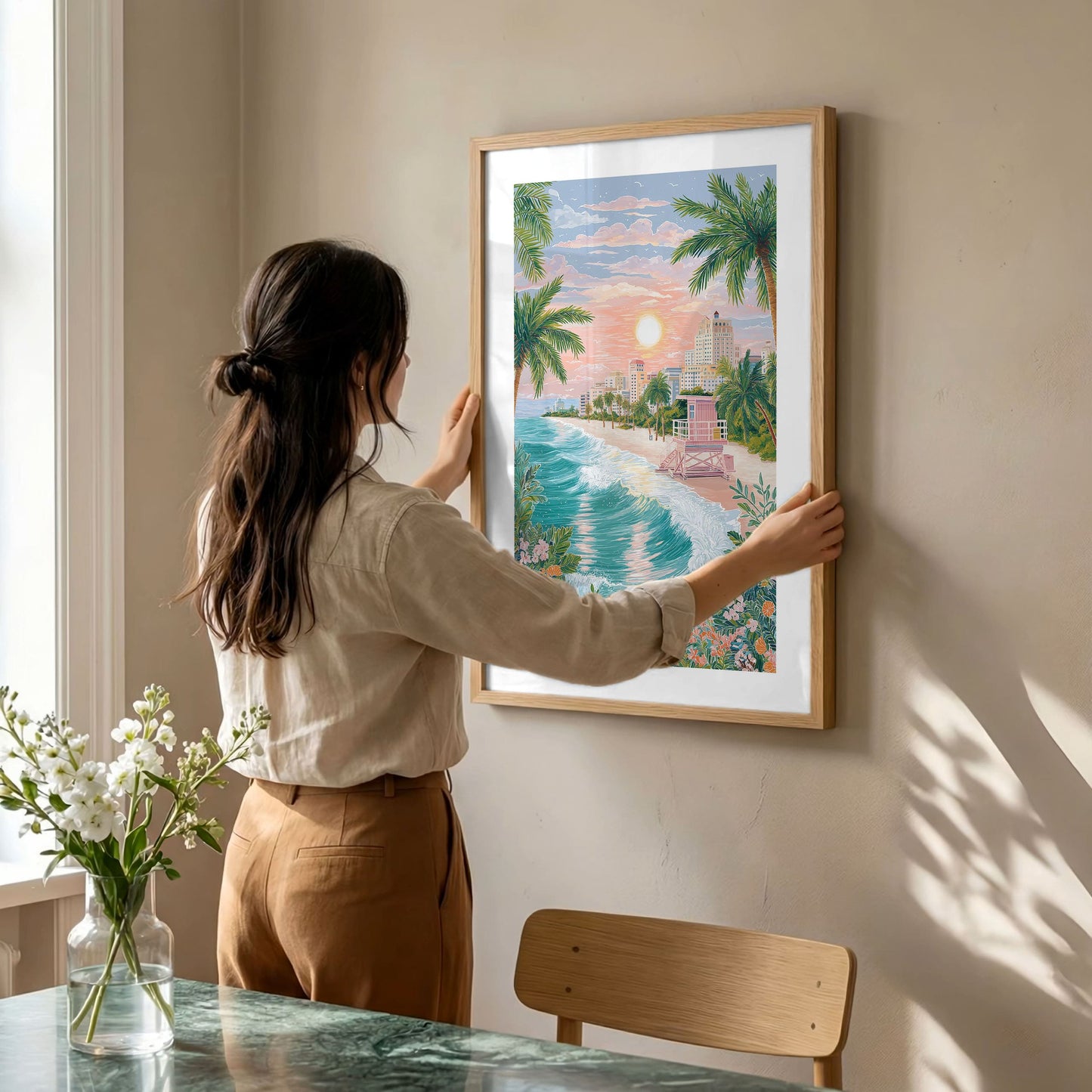 Miami Beach Poster — Tropical Palm Tree Coastal Art Print (South Beach Sunset)