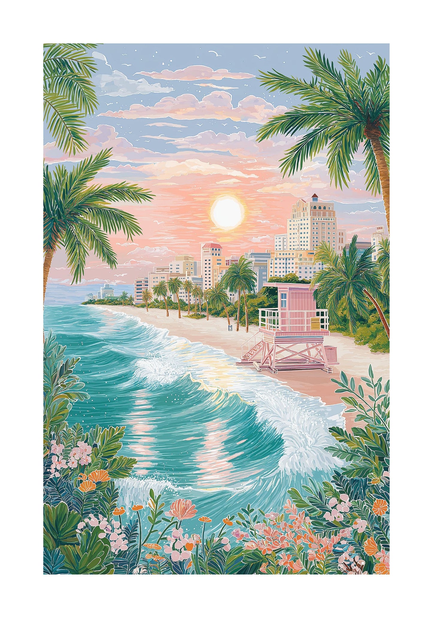 Miami Beach Poster — Tropical Palm Tree Coastal Art Print (South Beach Sunset)