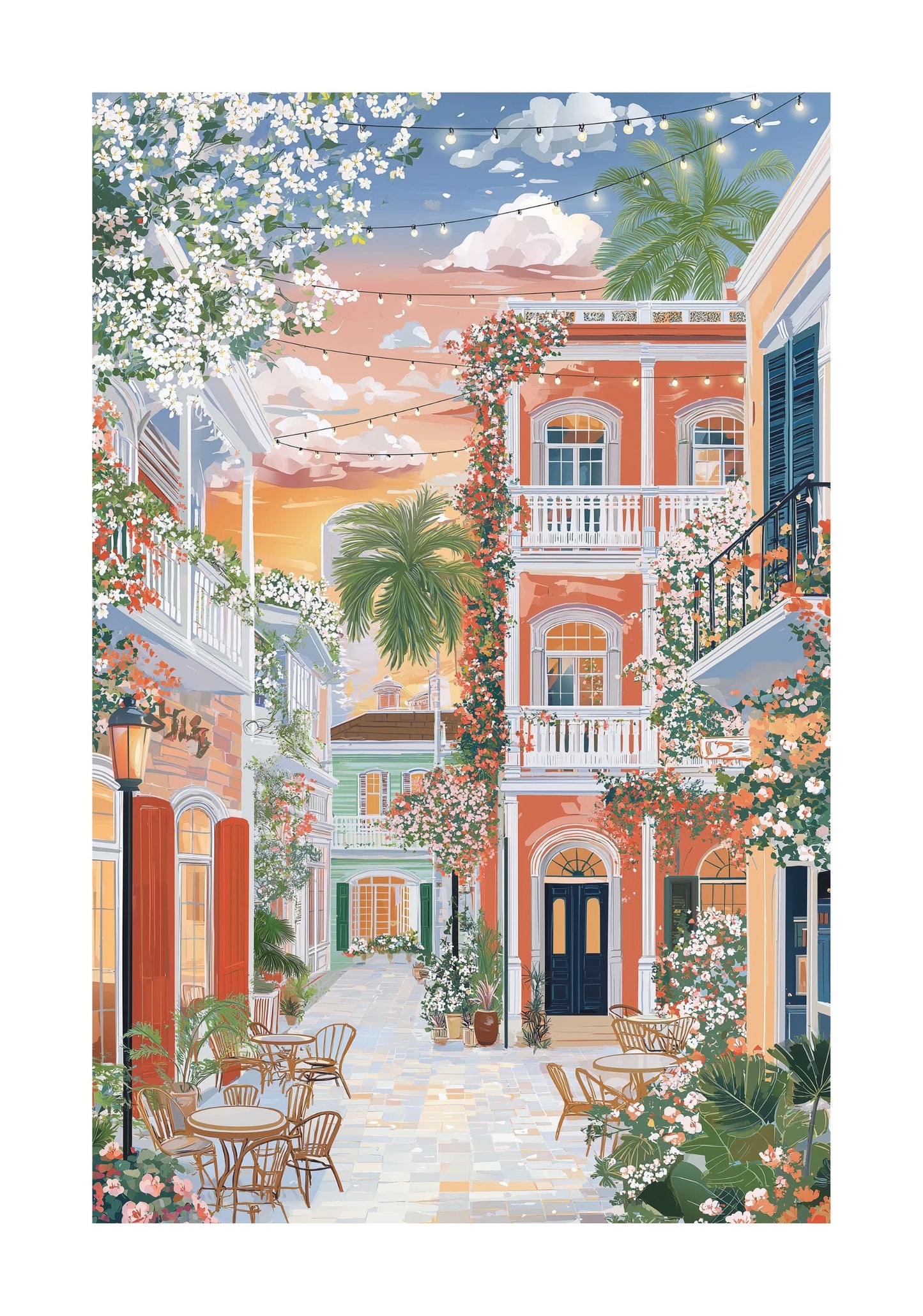 Key West Florida Rolled Poster — Pastel Tropical Old Town Courtyard Travel Art
