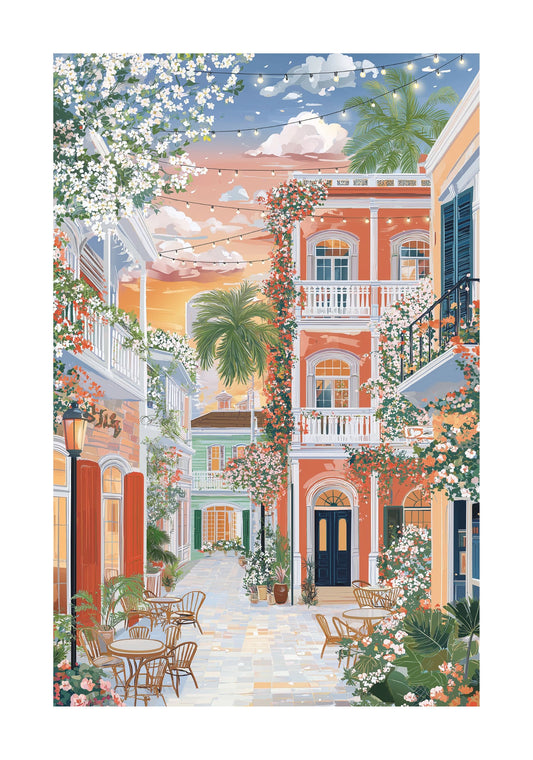 Key West Florida Rolled Poster — Pastel Tropical Old Town Courtyard Travel Art