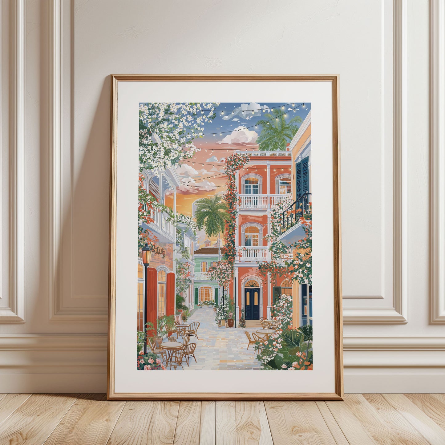Key West Florida Rolled Poster — Pastel Tropical Old Town Courtyard Travel Art