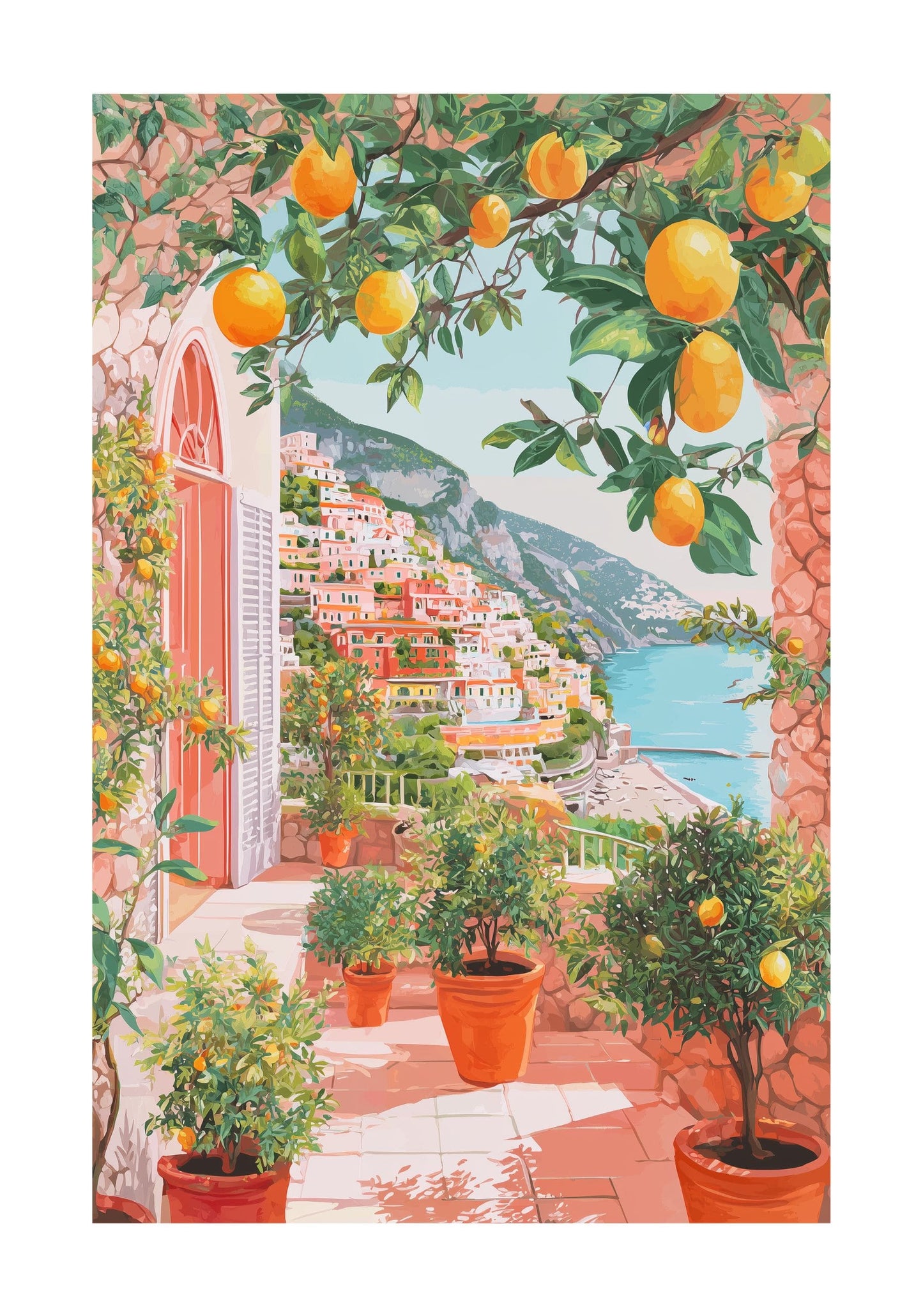 Amalfi Coast Lemon Terrace Poster — Positano Mediterranean Summer Wall Art