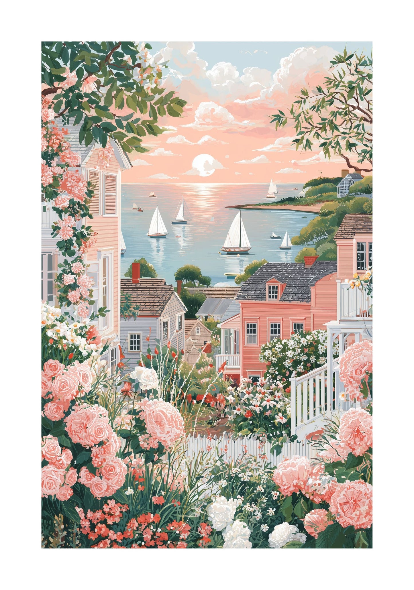 Marthas Vineyard Coastal Poster Print — Pink Cape Cod / Nantucket Beach House Wall Art