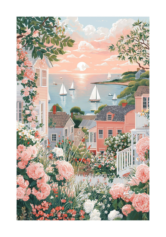Marthas Vineyard Coastal Poster Print — Pink Cape Cod / Nantucket Beach House Wall Art