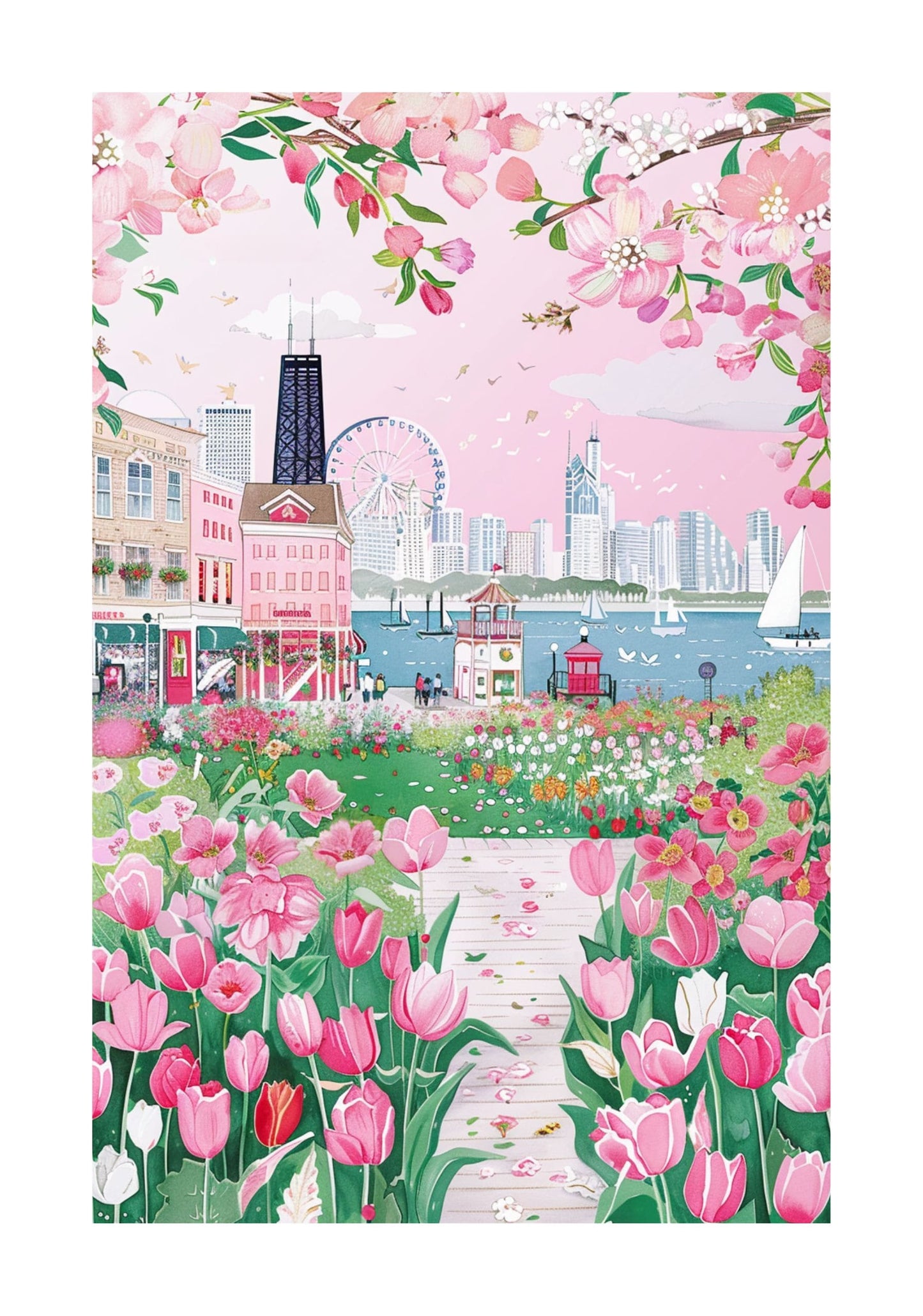 Chicago Watercolor Skyline Poster — Whimsical Lakefront Giclée Art Print