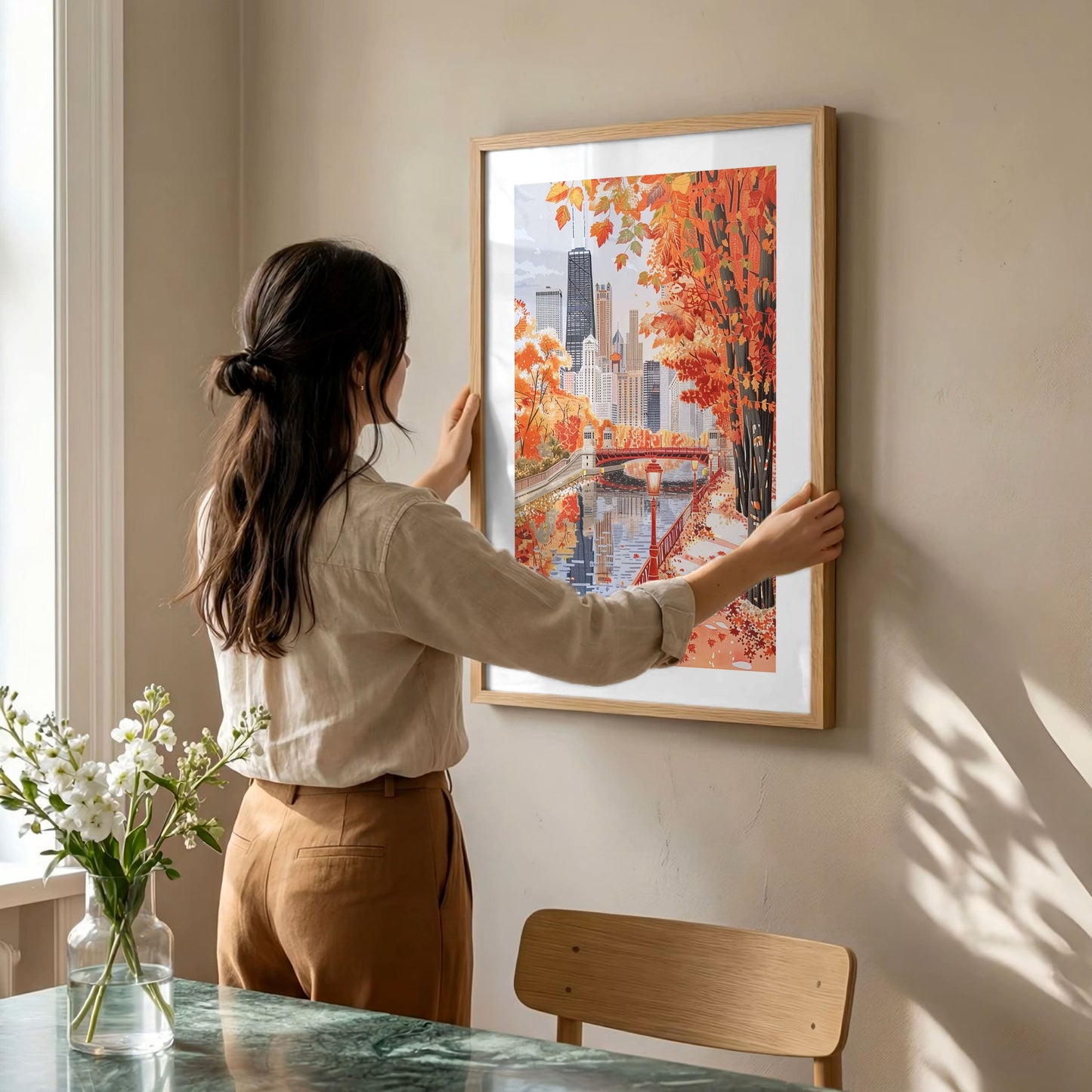 Chicago in Fall Poster — Cozy Autumn Skyline & Riverwalk Wall Art