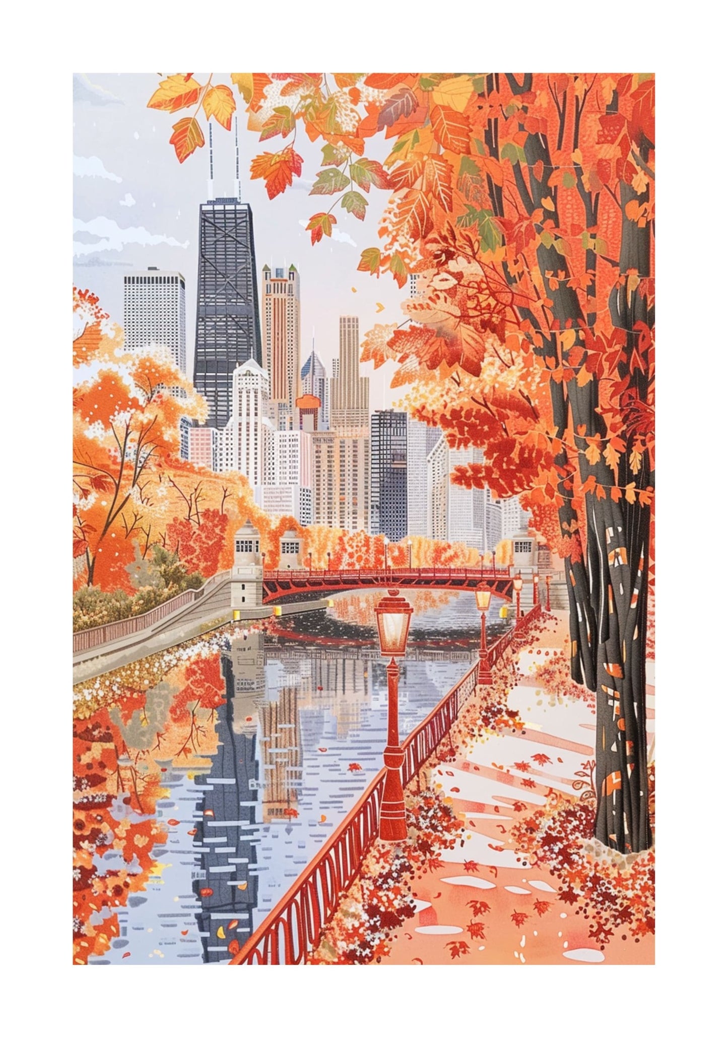Chicago in Fall Poster — Cozy Autumn Skyline & Riverwalk Wall Art