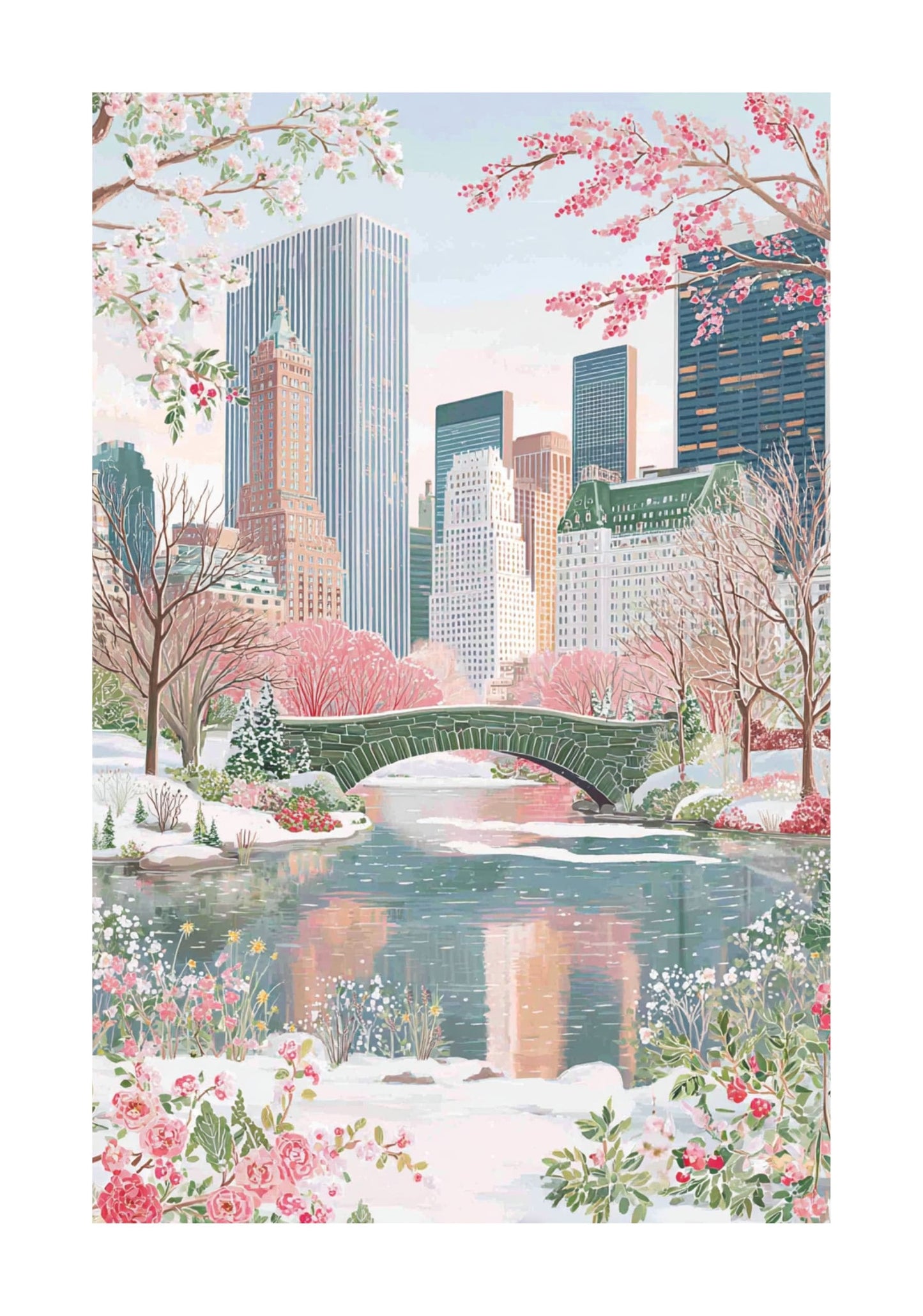 Central Park Spring Poster — Gapstow Bridge Cherry Blossom NYC Travel Art