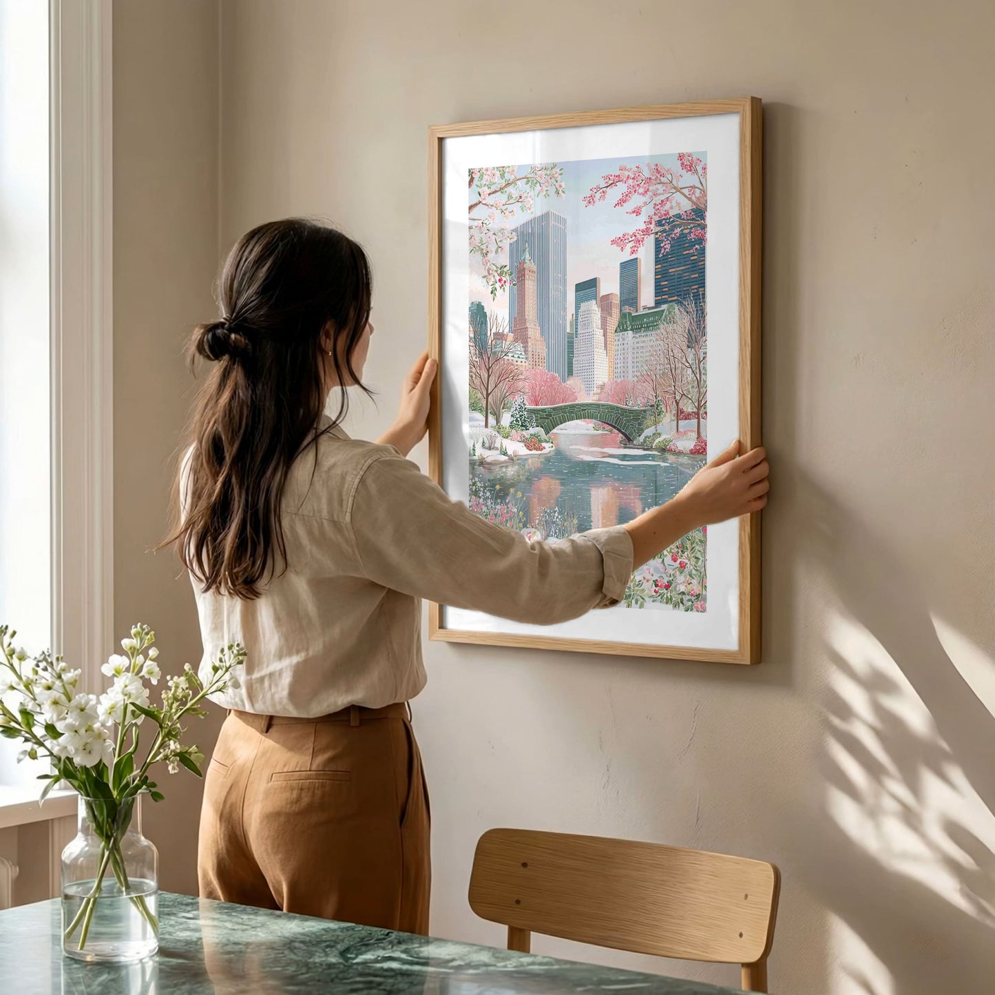 Central Park Spring Poster — Gapstow Bridge Cherry Blossom NYC Travel Art