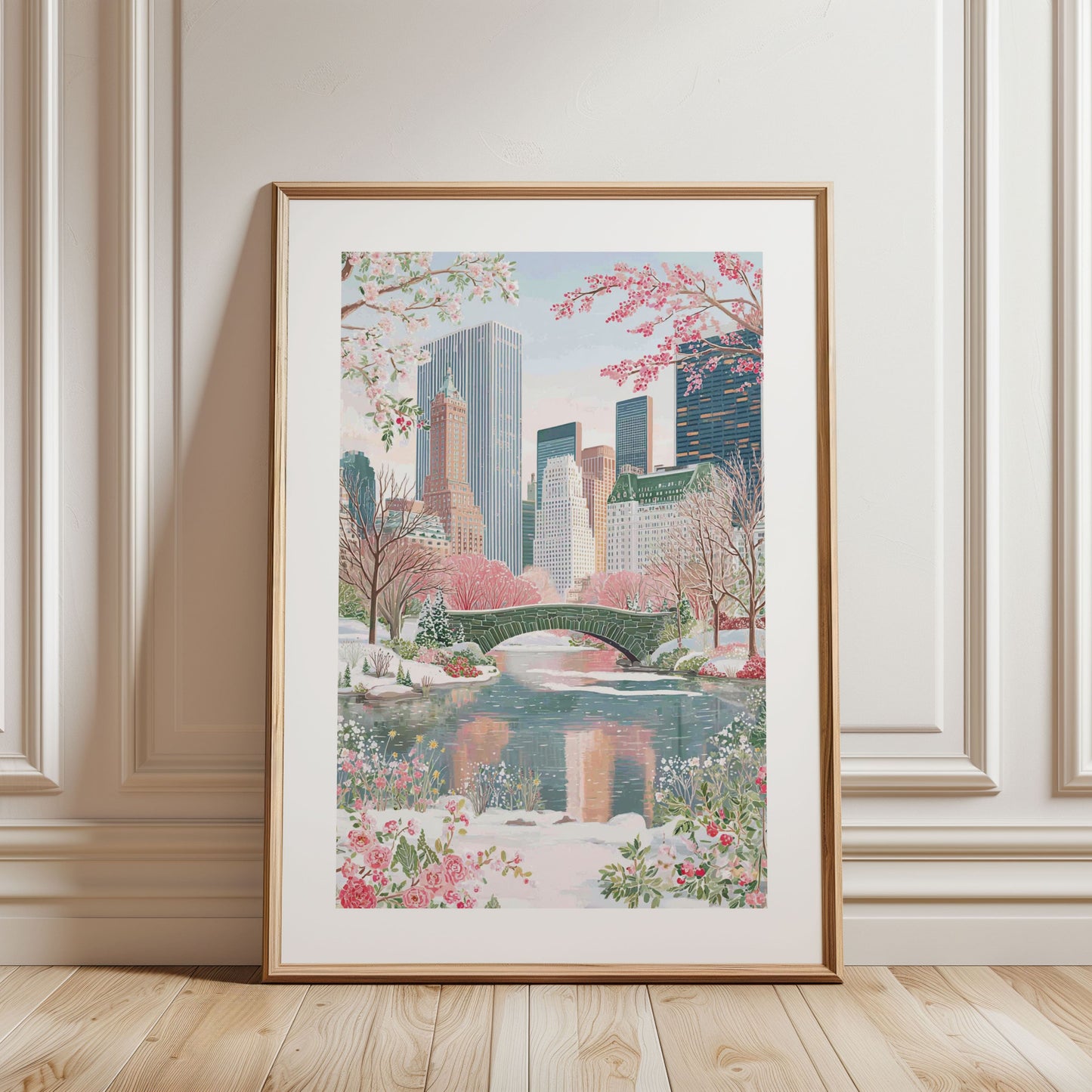 Central Park Spring Poster — Gapstow Bridge Cherry Blossom NYC Travel Art