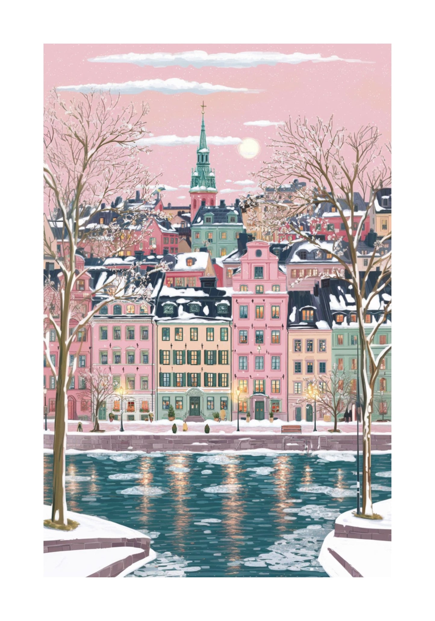 Stockholm Sweden Poster — Scandinavian Winter Wall Art (Pastel Gamla Stan, Cozy Travel & Christmas Print)