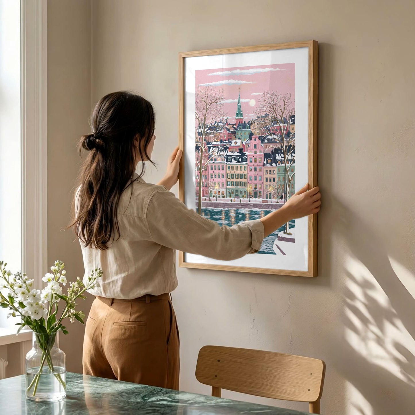 Stockholm Sweden Poster — Scandinavian Winter Wall Art (Pastel Gamla Stan, Cozy Travel & Christmas Print)