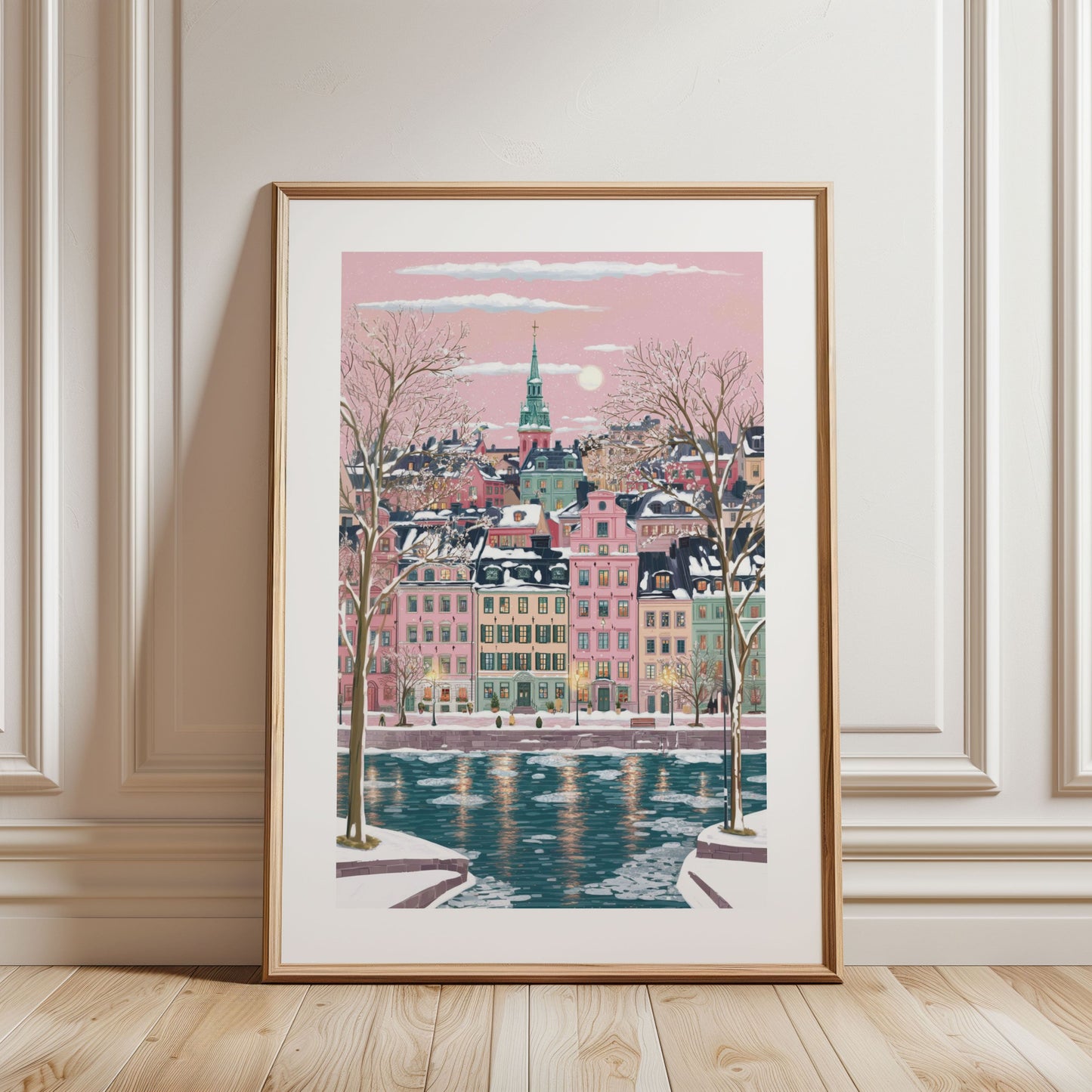 Stockholm Sweden Poster — Scandinavian Winter Wall Art (Pastel Gamla Stan, Cozy Travel & Christmas Print)