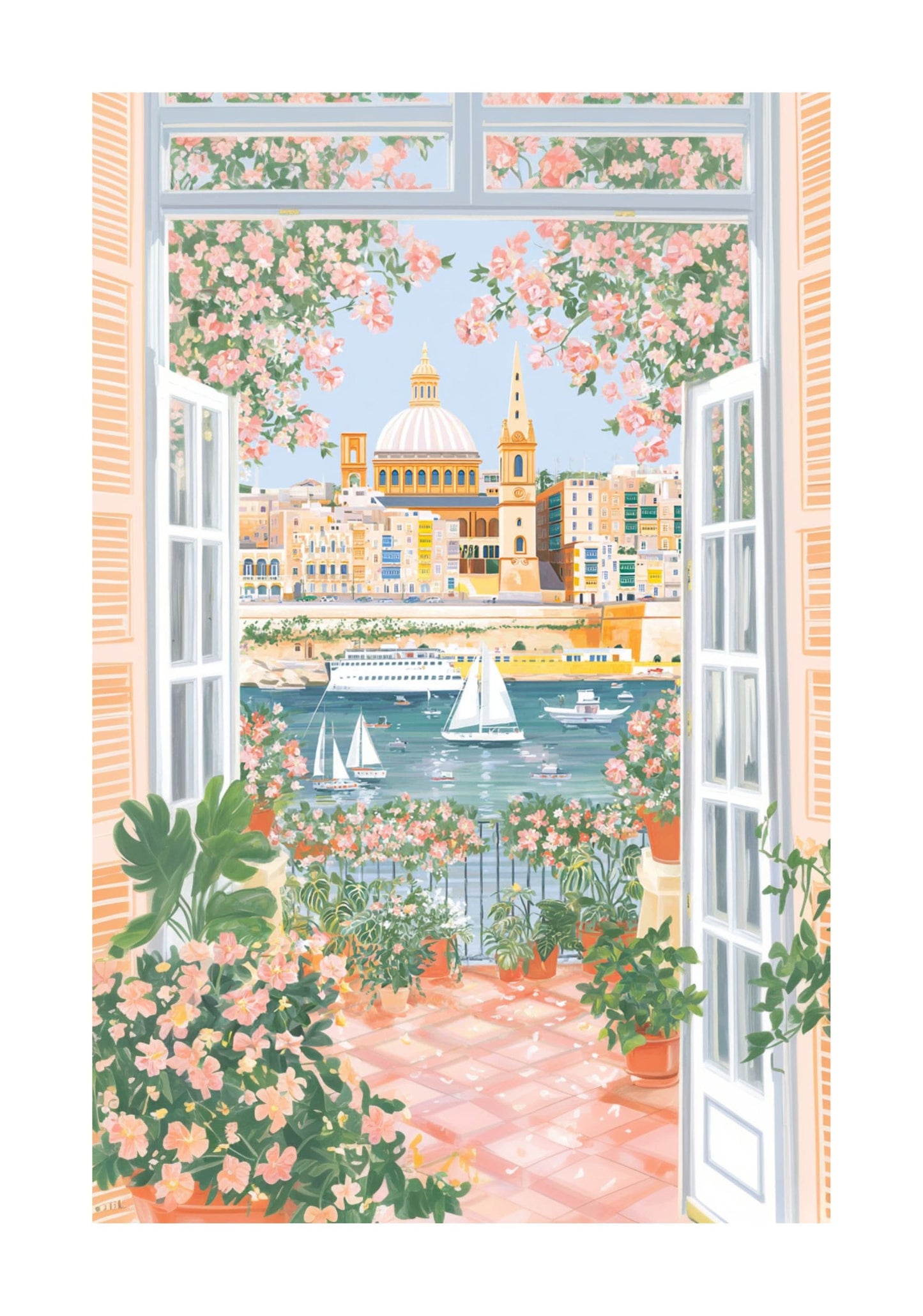 Valletta Malta Poster — Gouache Mediterranean Harbor Wall Art