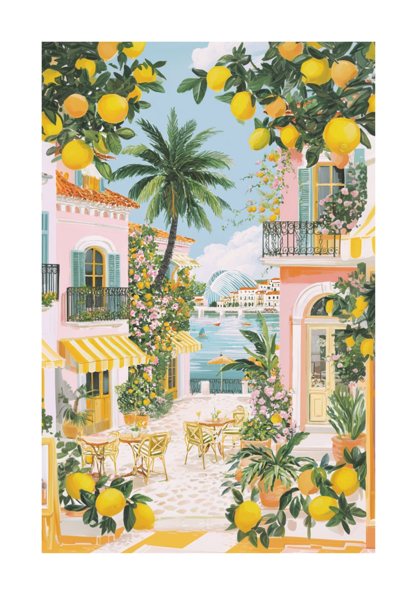 Valencia Seaside Spring Café Poster — Lemon Tree Mediterranean Coastal Wall Art